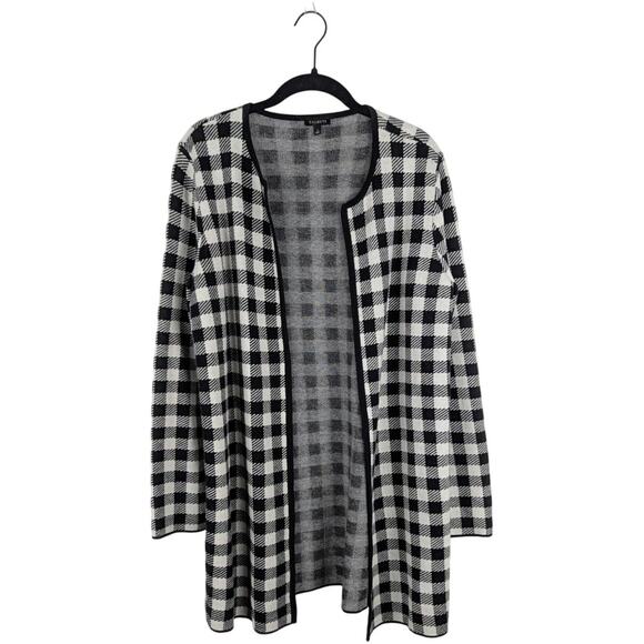 Talbots Black White Buffalo Check Plaid Wool Blend Sweater Jacket Cardigan Sz L - Picture 2 of 7